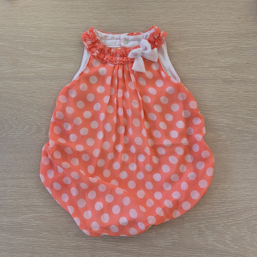 Toddler 18 Months Coral Polka Dot Bubble Romper with Bow Accent
